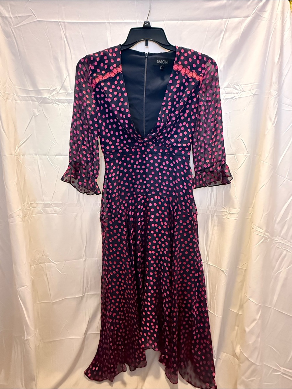 SALONI Navy Dress with Pink Polka Dots